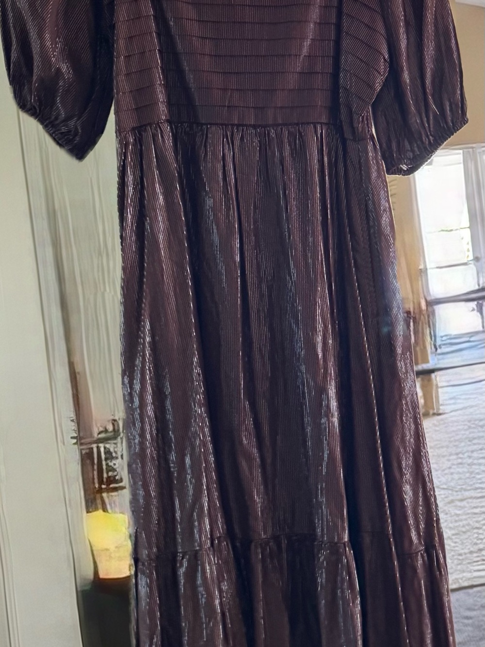 Metallic Brown Midi Dress with Puff Sleeves